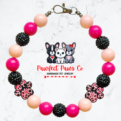 Paws of the Wild* Pink & Black Sparkle Valentines Day Custom Beaded Dog/Cat Necklace!