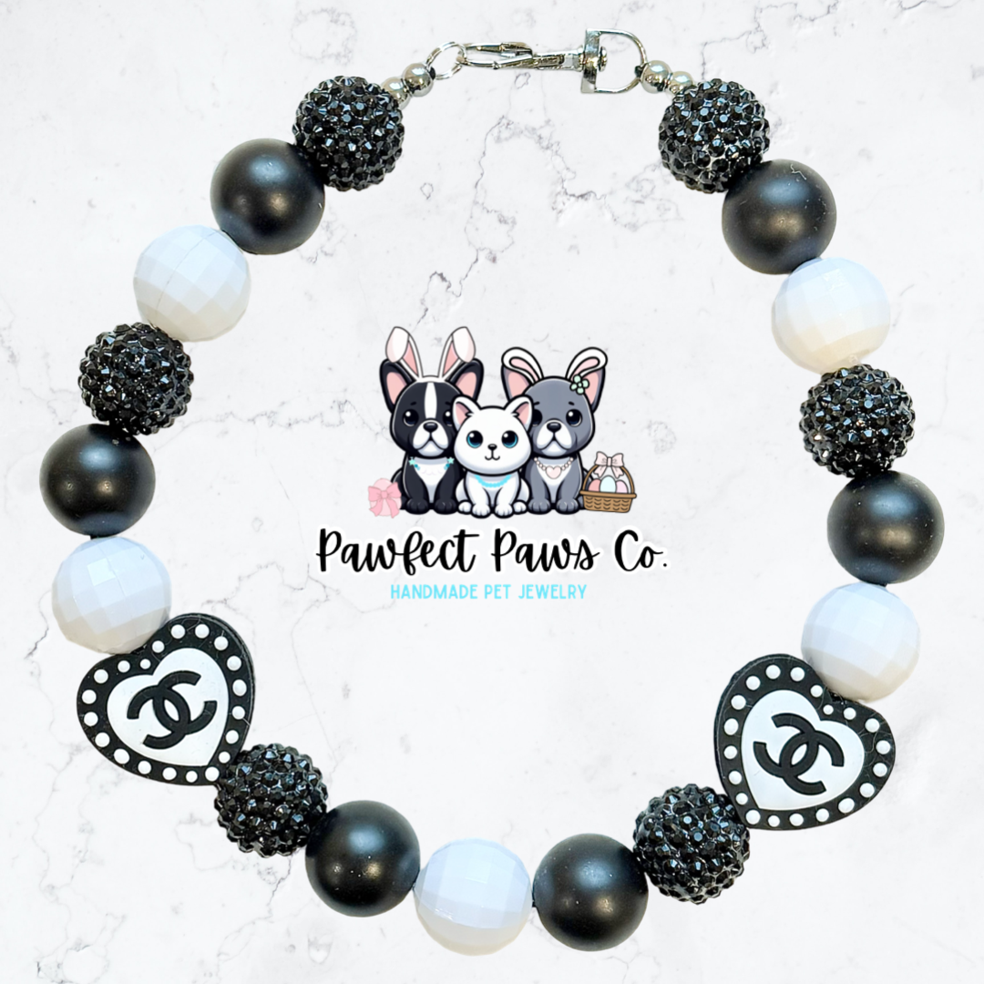 Dressed to the 9s* Black & White Designer Coco - Sparkle Custom Beaded Dog/Cat Necklace!