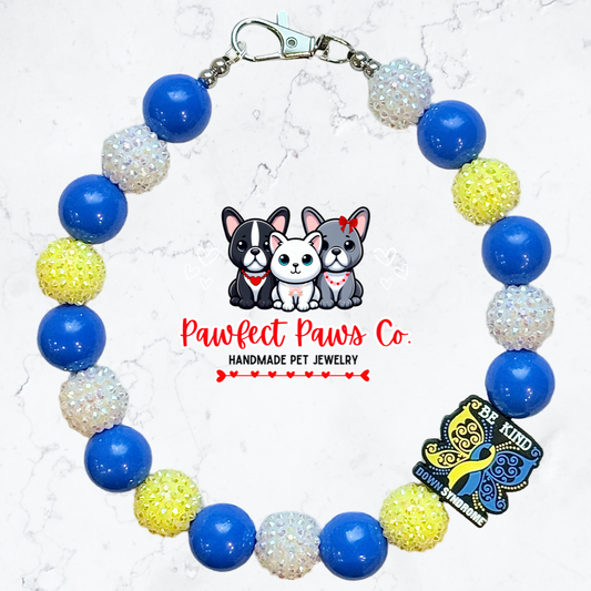 Be Kind* Blue, Yellow & White Sparkle World Down Syndrome Day 3/21 Custom Beaded Dog/Cat Necklace!