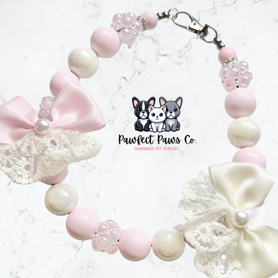 Coquette Couture* Ivory & Pink Bow Luxury Sparkle Custom Beaded Dog/Cat Collar Necklace!