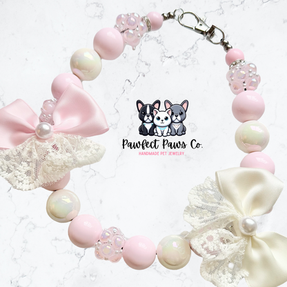 Coquette Couture* Ivory & Pink Bow Luxury Sparkle Custom Beaded Dog/Cat Collar Necklace!