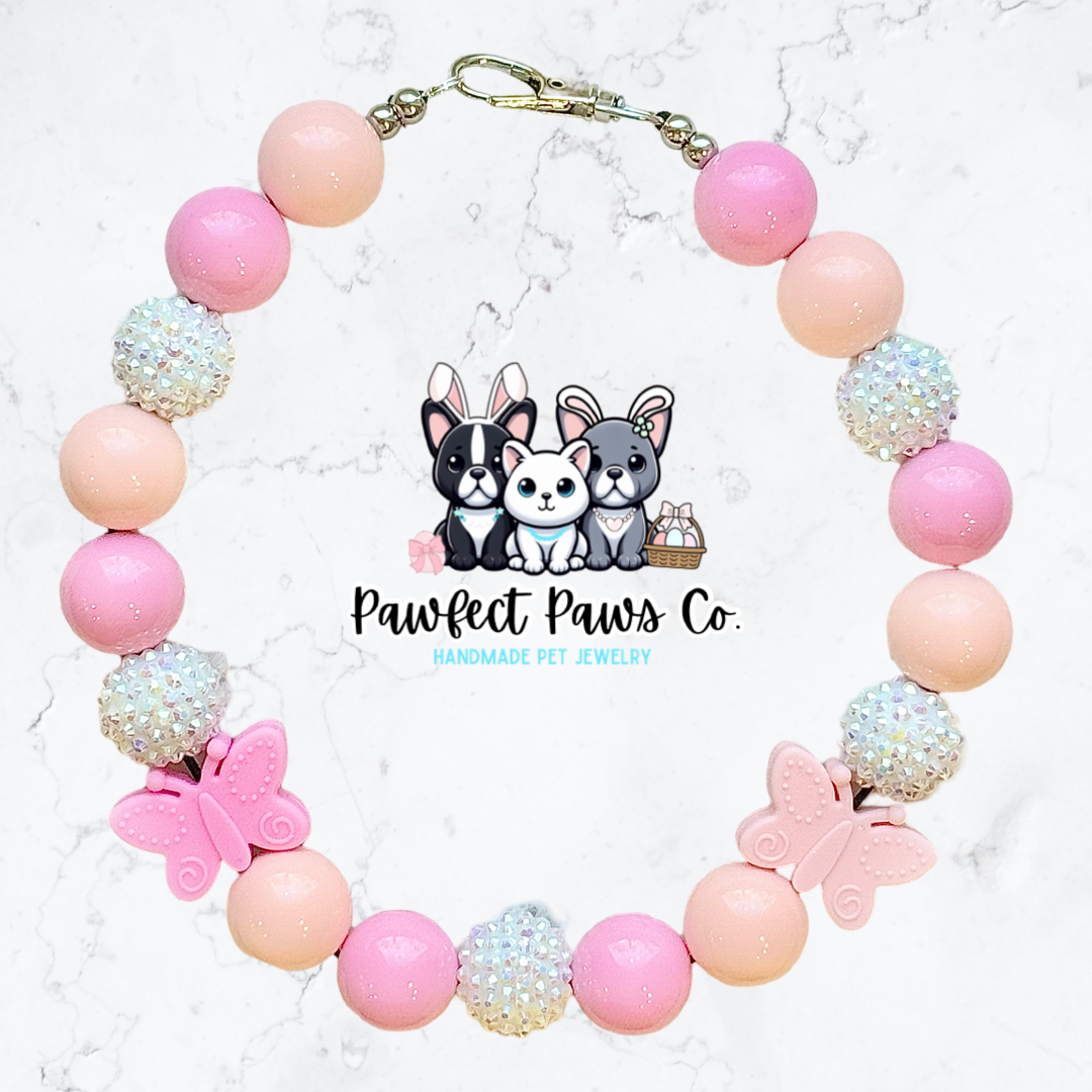 Blushing Butterfly* Pink, Peach & White Sparkle Butterfly Custom Beaded Dog/Cat Necklace!