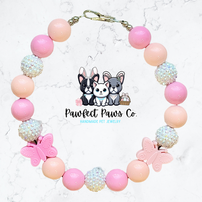Blushing Butterfly* Pink, Peach & White Sparkle Butterfly Custom Beaded Dog/Cat Necklace!