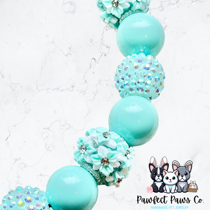 Aqua Flora* Luxury Pastel Teal Sparkle Spring Custom Beaded Dog/Cat Collar Necklace!