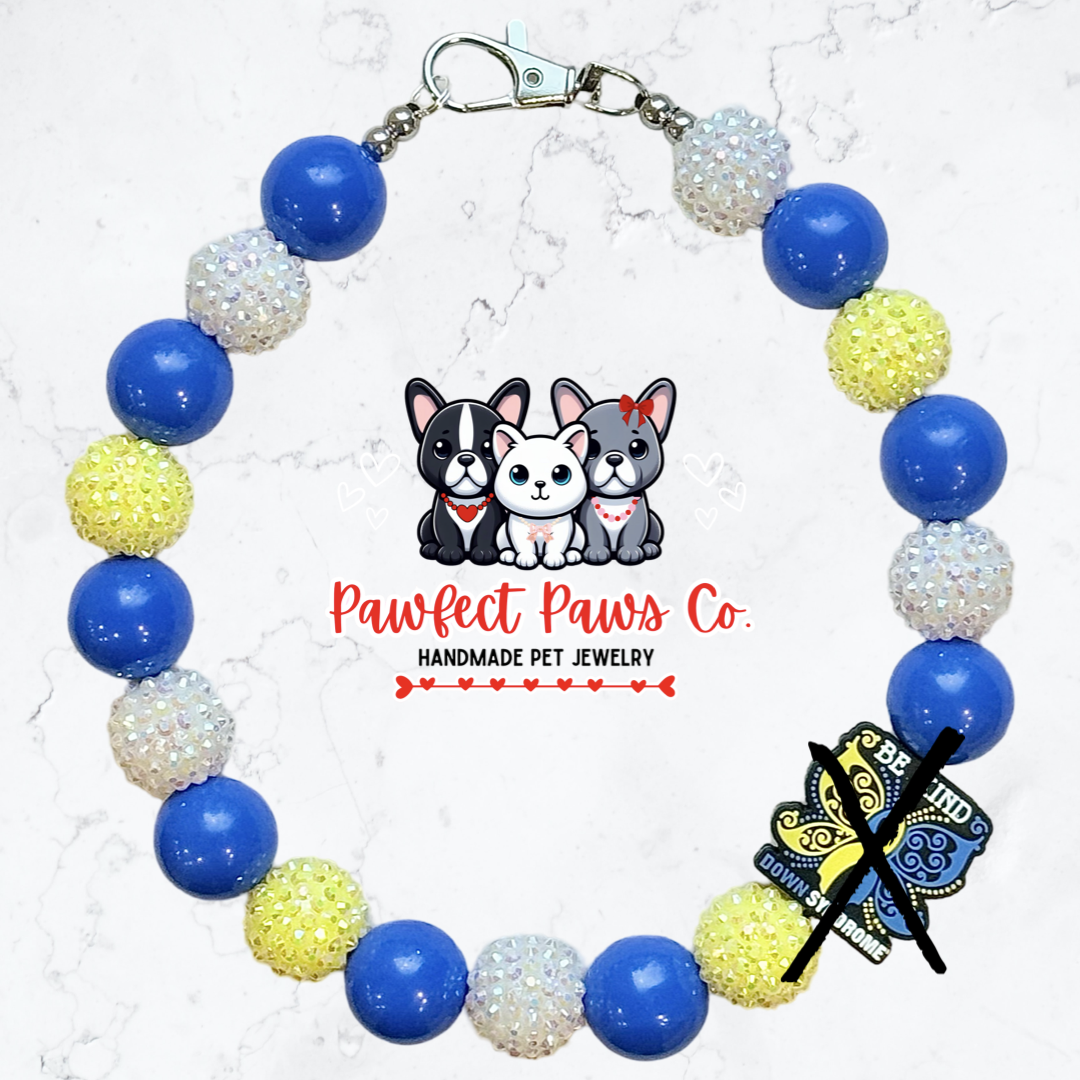 Be Kind* Blue, Yellow & White Sparkle World Down Syndrome Day 3/21 Custom Beaded Dog/Cat Necklace!