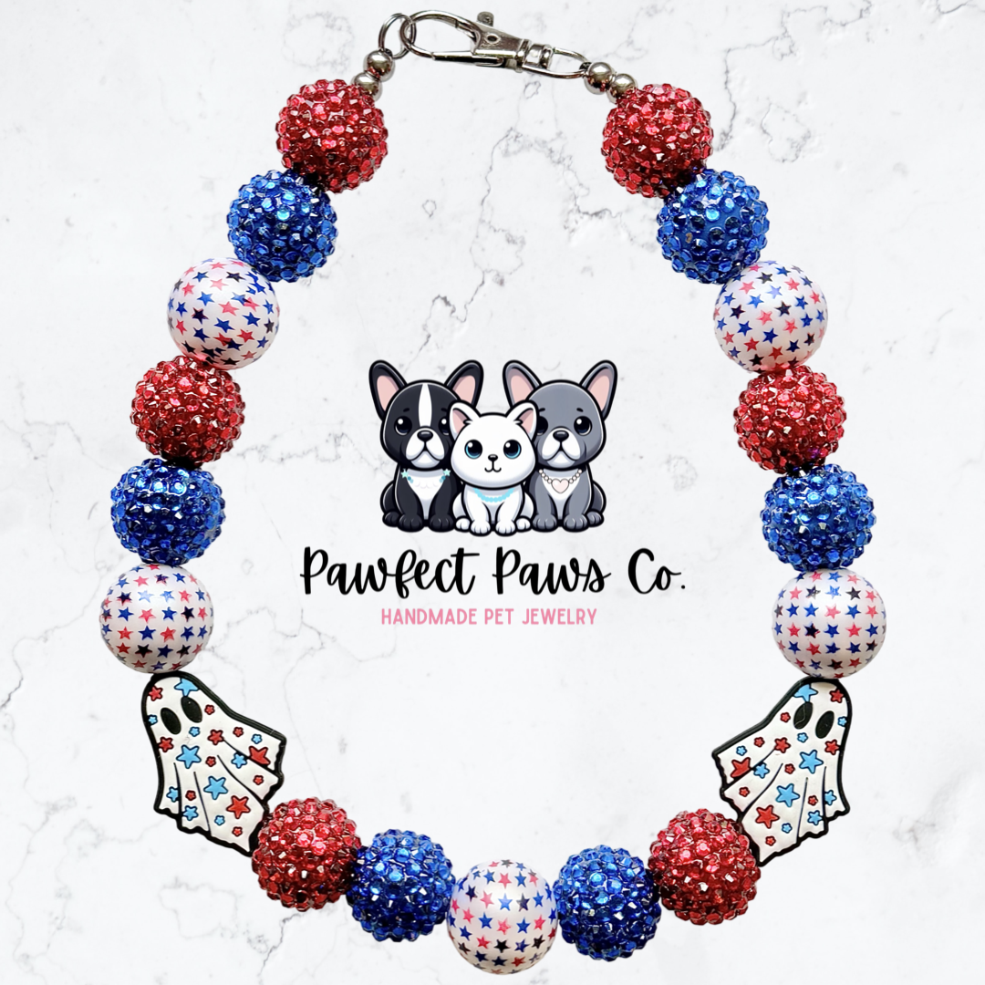 Boo-jee Babe* Red, White & Blue Sparkle Patriotic Beaded Dog/Cat Necklace!