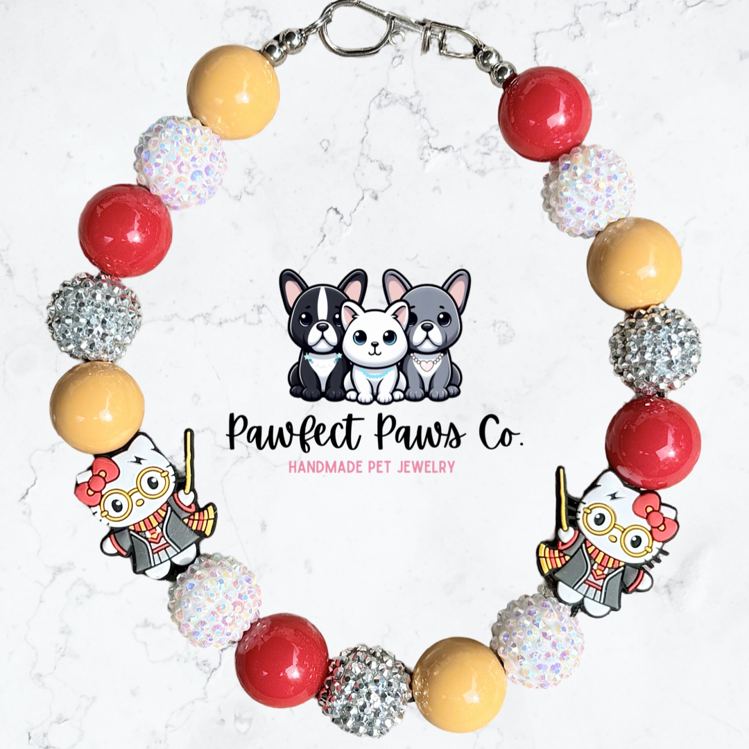 Hello Potter* Tan, Red, White & Silver Hello Kitty Custom Beaded Dog/Cat Necklace!