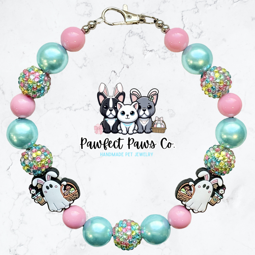 Boo Bunny* Blue & Pink Sparkle Easter/Spring Custom Beaded Dog/Cat Necklace!
