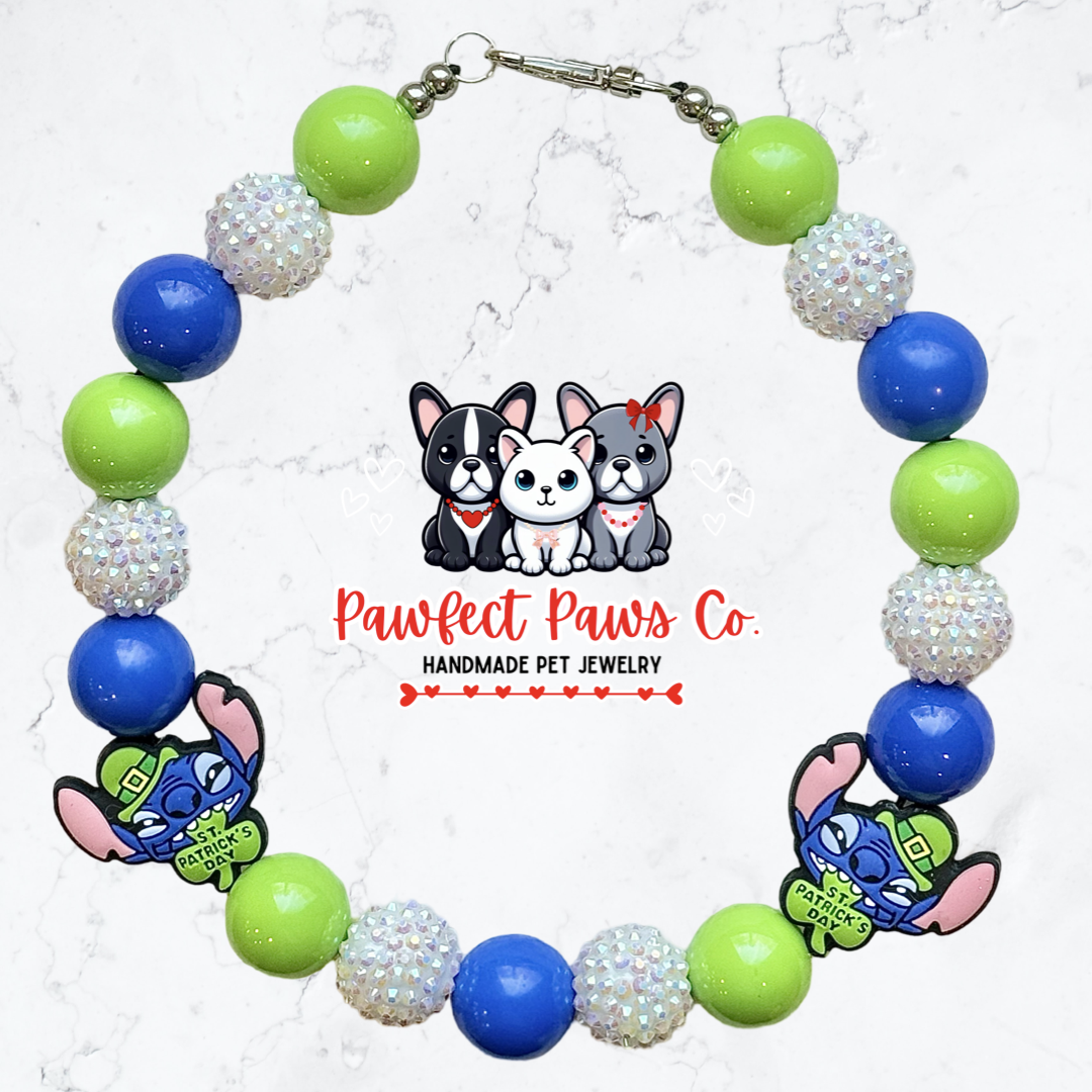 Shamrockin’ Stitch* Green, Blue & White Sparkle St. Patrick’s Day Custom Beaded Dog/Cat Necklace!