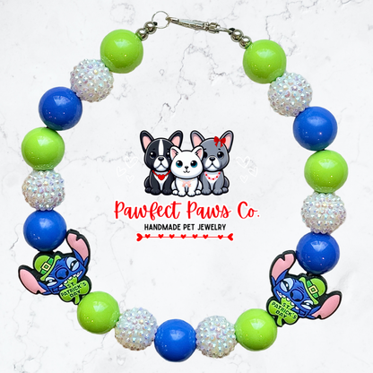 Shamrockin’ Stitch* Green, Blue & White Sparkle St. Patrick’s Day Custom Beaded Dog/Cat Necklace!