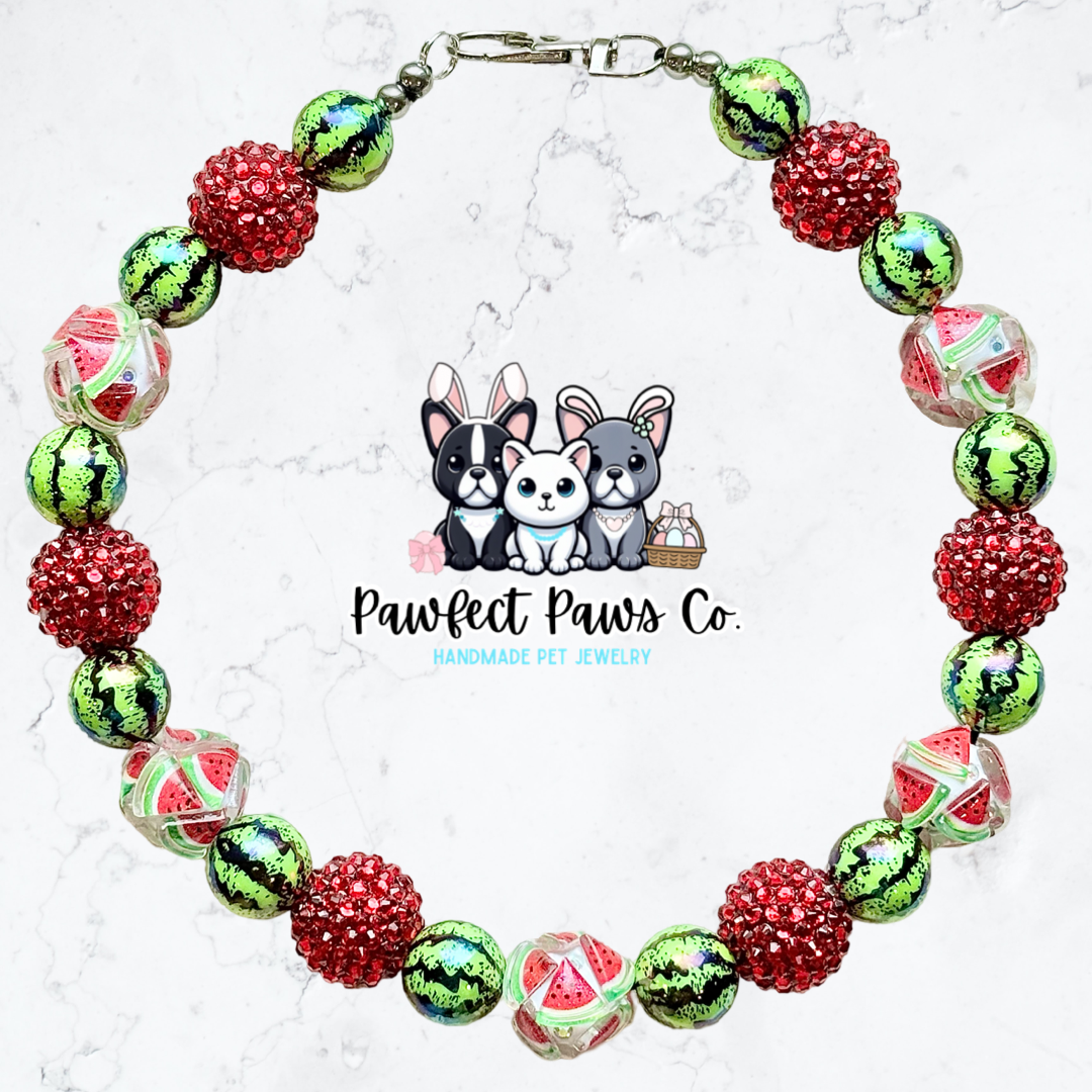 Melon Mania* Green & Red Sparkle Watermelon Custom Beaded Dog/Cat Collar Necklace!