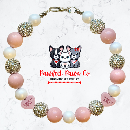 Thank U Next* Pink, White & Silver Sparkle Valentines Day Reversible Convo Heart Custom Beaded Dog/Cat Necklace!