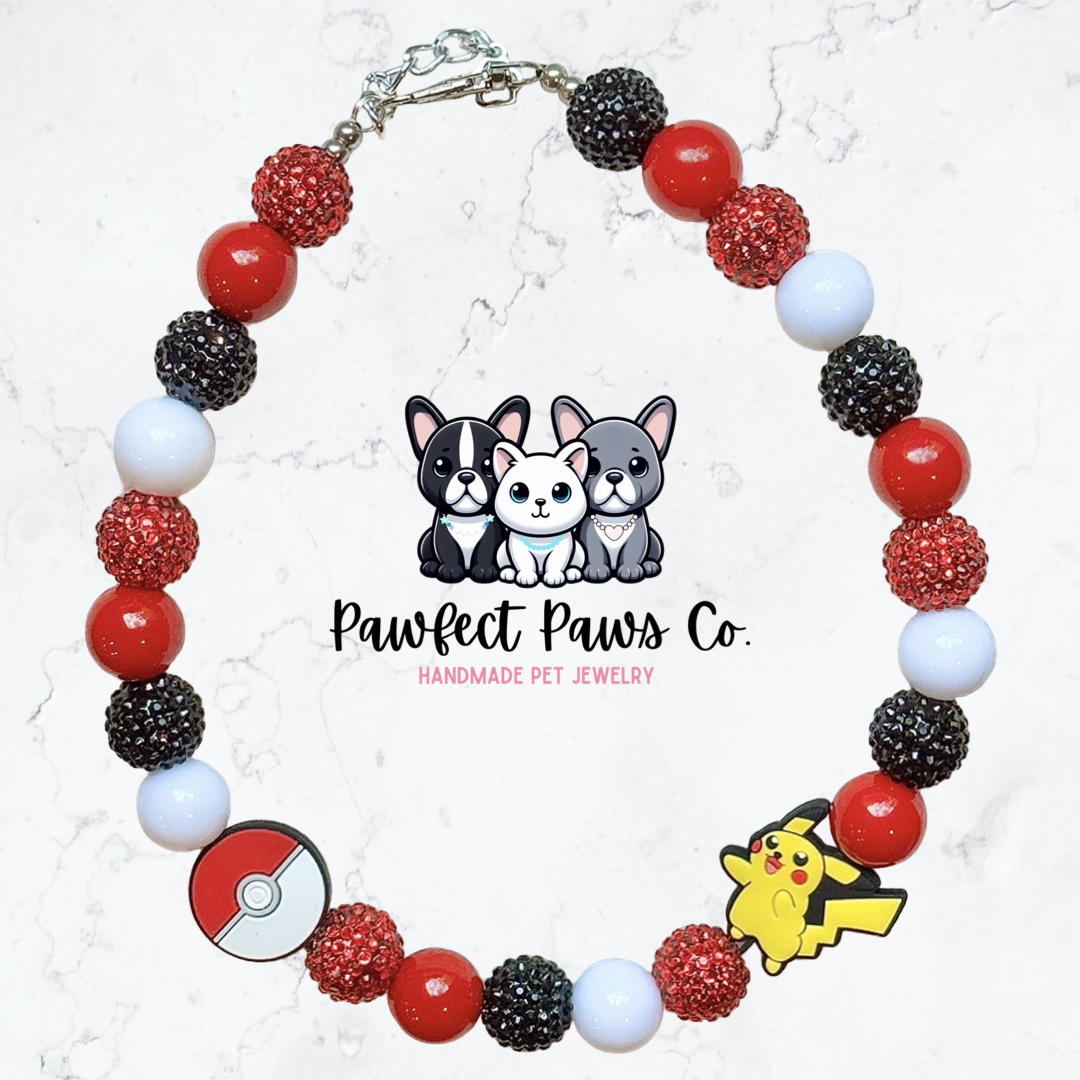 I Choose You* White, Red & Black Sparkle Pokemon Custom Beaded Dog/Cat Necklace!