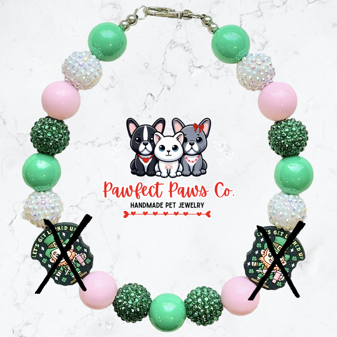 Lucked Up* Pink, Green & White Sparkle St. Patrick’s Day Custom Beaded Dog/Cat Necklace!