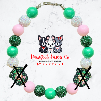 Lucked Up* Pink, Green & White Sparkle St. Patrick’s Day Custom Beaded Dog/Cat Necklace!