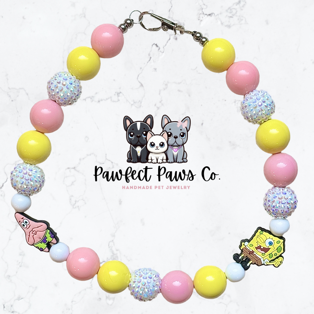 Bikini Bottom* Yellow, Pink & White Sparkle SpongeBob & Patrick Custom Beaded Dog/Cat Collar Necklace!