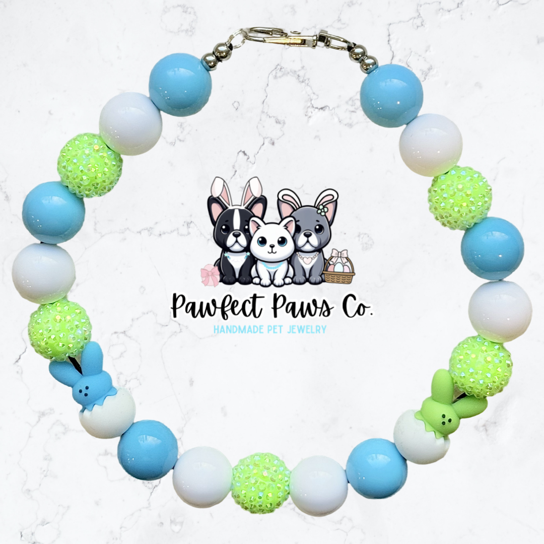 Peep Breeze* Blue, White & Green Sparkle Easter/Spring Custom Beaded Dog/Cat Necklace!