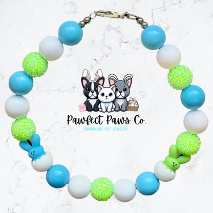Peep Breeze* Blue, White & Green Sparkle Easter/Spring Custom Beaded Dog/Cat Necklace!