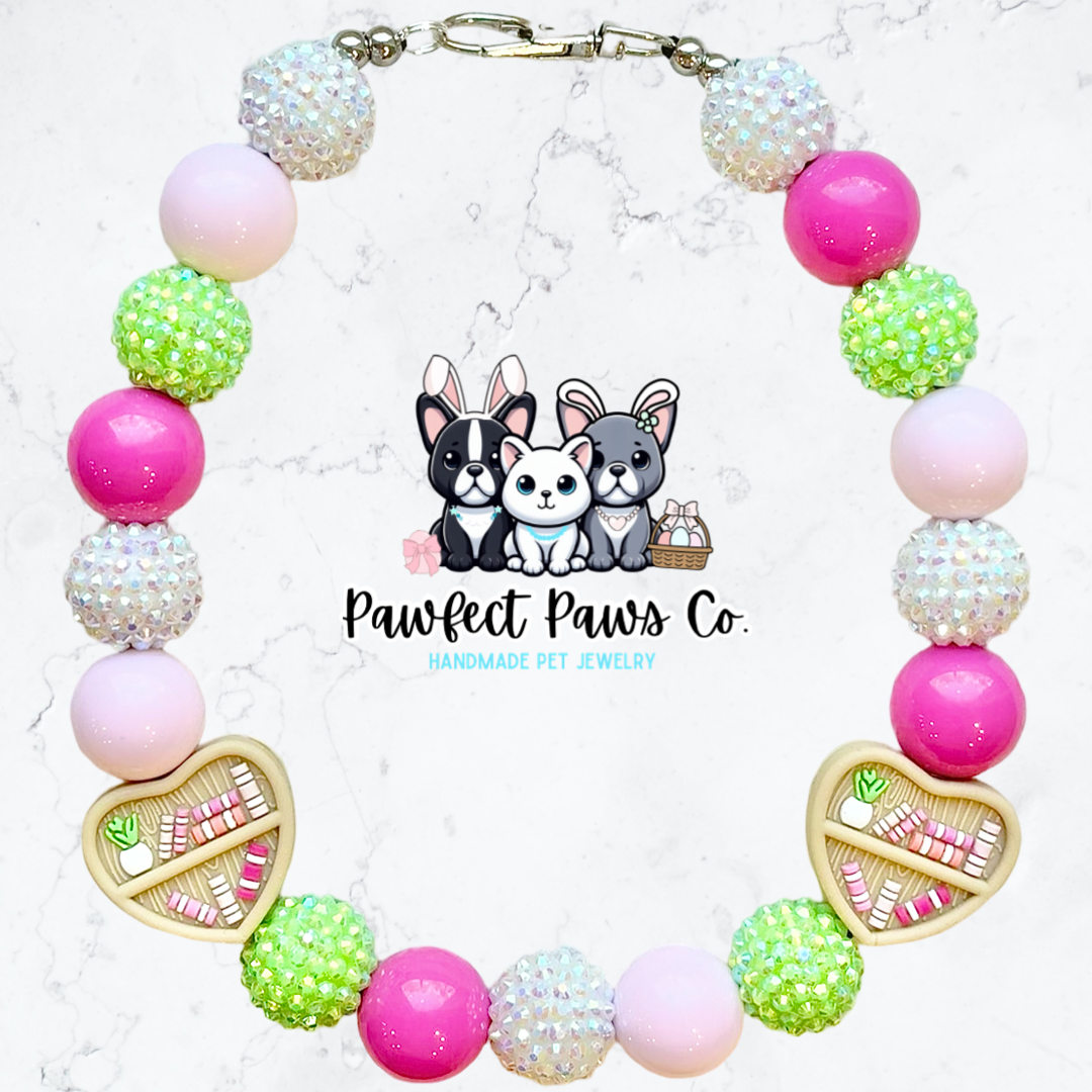 Furry Tales* Pink & Green Sparkle Book Lover Custom Beaded Dog/Cat Necklace!