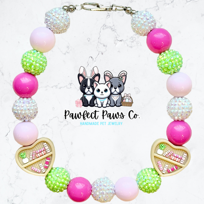 Furry Tales* Pink & Green Sparkle Book Lover Custom Beaded Dog/Cat Necklace!