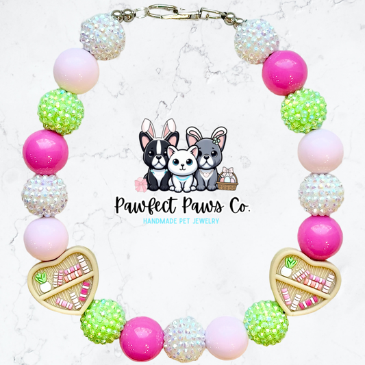 Furry Tales* Pink & Green Sparkle Book Lover Custom Beaded Dog/Cat Necklace!