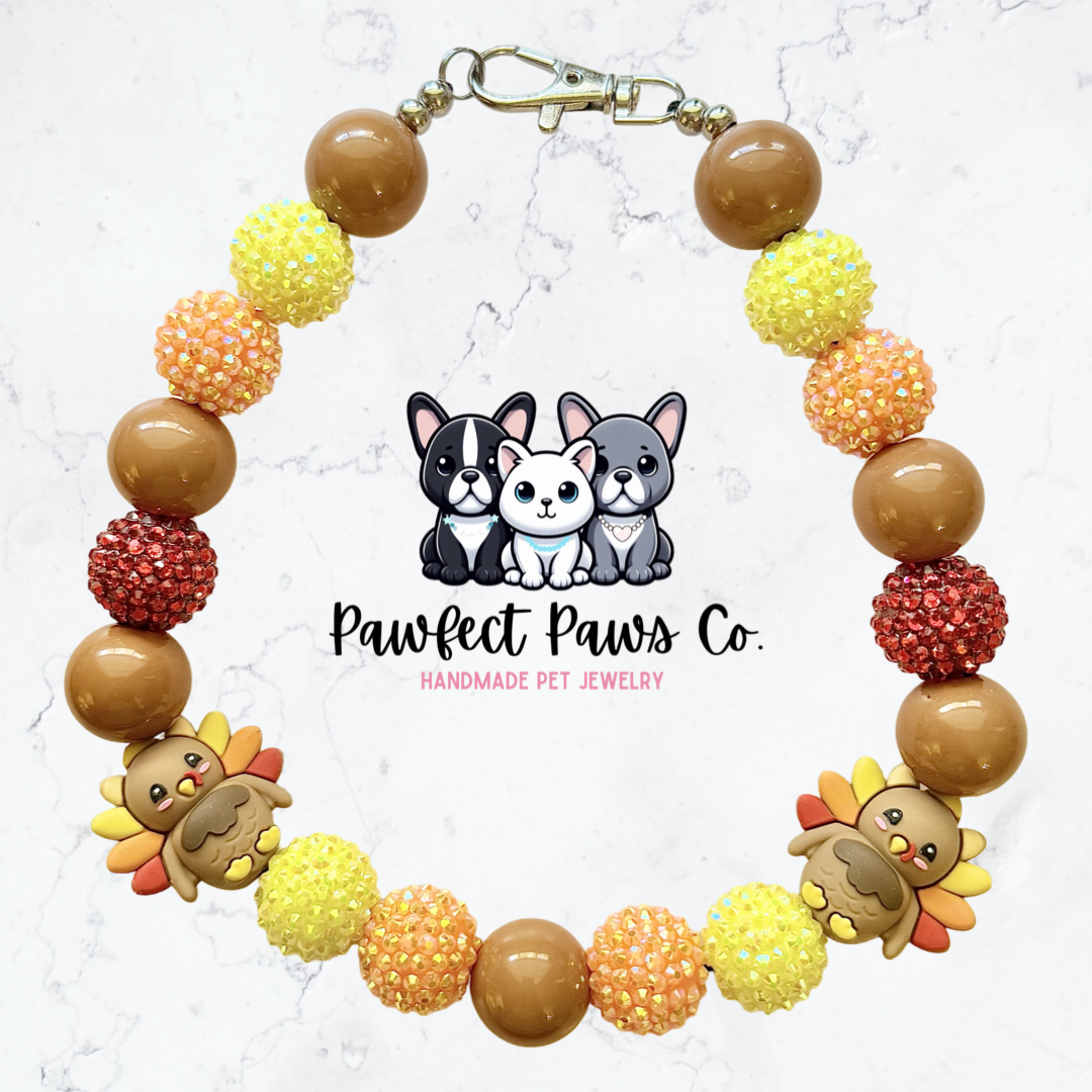 Turkey Time* Orange & Red Sparkle Turkey Thanksgiving Custom Beaded Dog/Cat Necklace!
