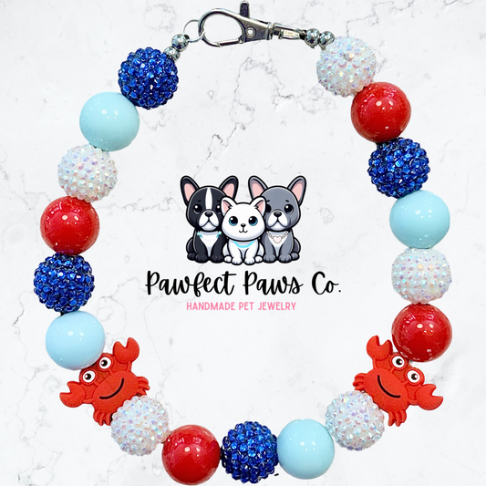 Oh Bouy* Red, Blue & White Sparkle Beach Crab Custom Beaded Dog/Cat Necklace! Collab with @IsleDesignsNY!