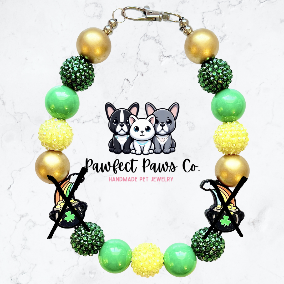 End of the Rainbow* Green, Yellow & Gold Sparkle St. Patrick’s Day Custom Beaded Dog/Cat Necklace!