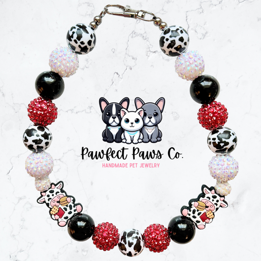 Chikin & Fries* Red & Black Sparkle Cow Custom Beaded Dog/Cat Necklace!