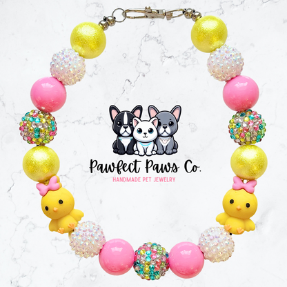 Sweetest Chick* Yellow, Pink & White Sparkle Custom Beaded Dog/Cat Necklace!