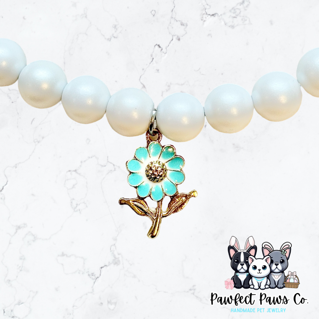 Teal Blooms* Teal & Pearl Flower Spring Custom Beaded Dog/Cat Collar Necklace