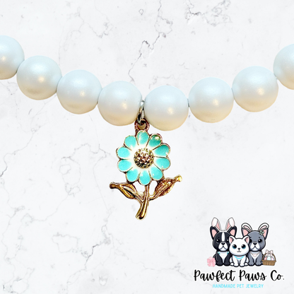 Teal Blooms* Teal & Pearl Flower Spring Custom Beaded Dog/Cat Collar Necklace