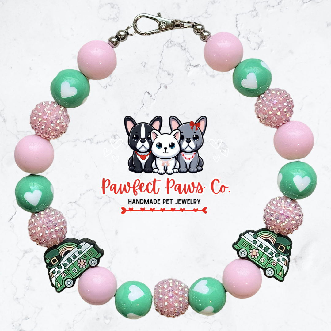 Peace & Luck* Green & Pink Sparkle St. Patrick’s Day Custom Beaded Dog/Cat Necklace!