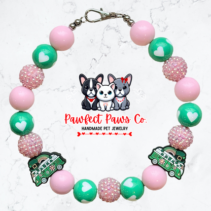 Peace & Luck* Green & Pink Sparkle St. Patrick’s Day Custom Beaded Dog/Cat Necklace!