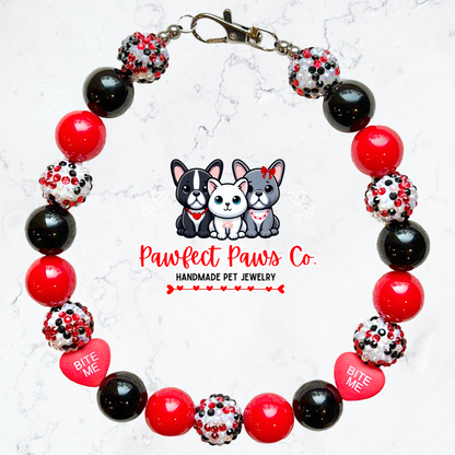 Bite Me* Red, Black, Sparkle Valentines Day Candy Hearts Custom Beaded Dog/Cat Necklace!