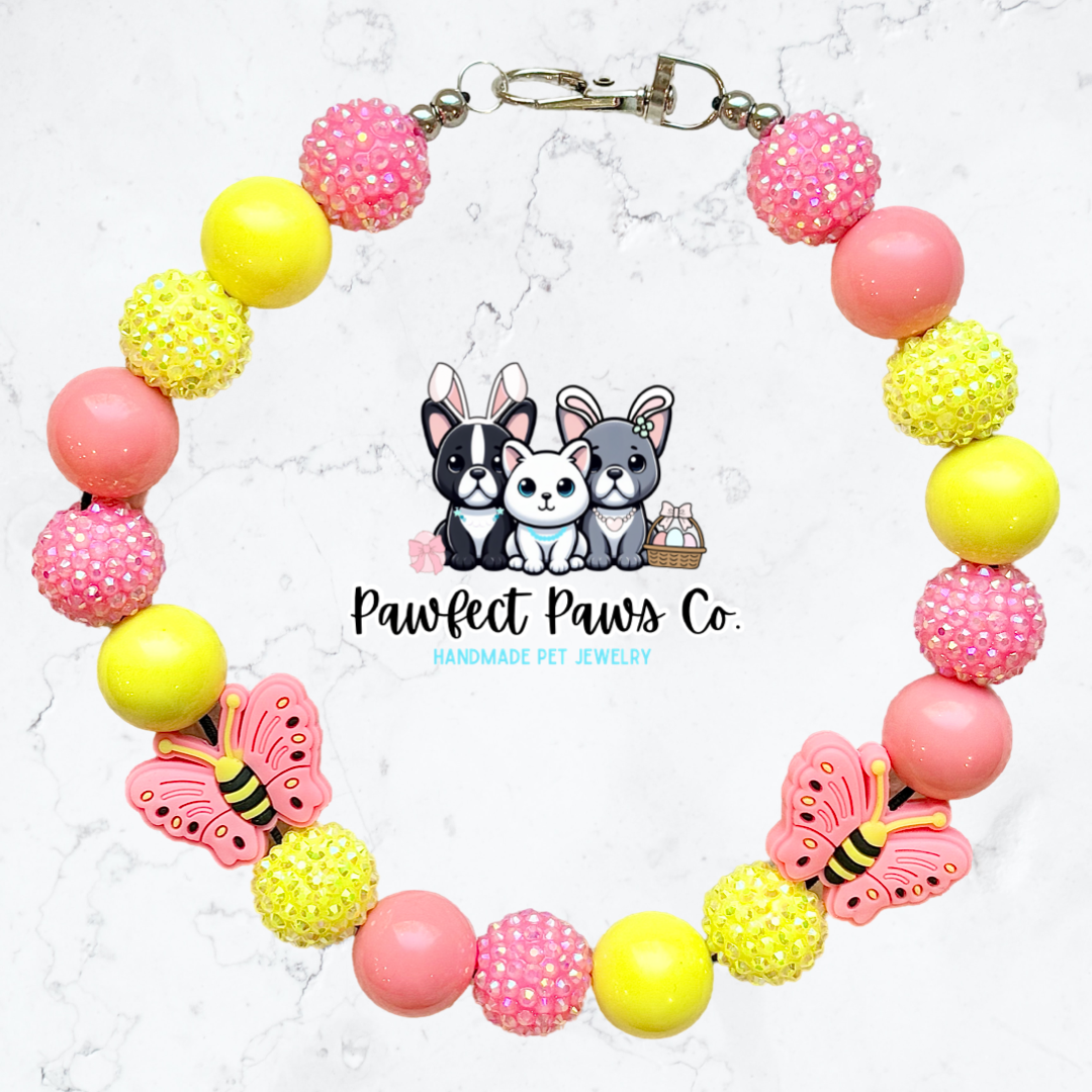 Flutter & Shine* Pink & Yellow Sparkle Butterfly Custom Beaded Dog/Cat Necklace!