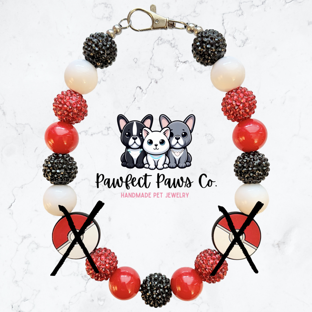 Catch ‘Em All* White, Red & Black Sparkle Pokemon Custom Beaded Dog/Cat Necklace!