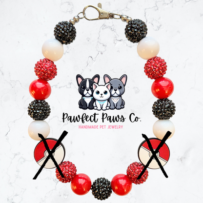 Catch ‘Em All* White, Red & Black Sparkle Pokemon Custom Beaded Dog/Cat Necklace!