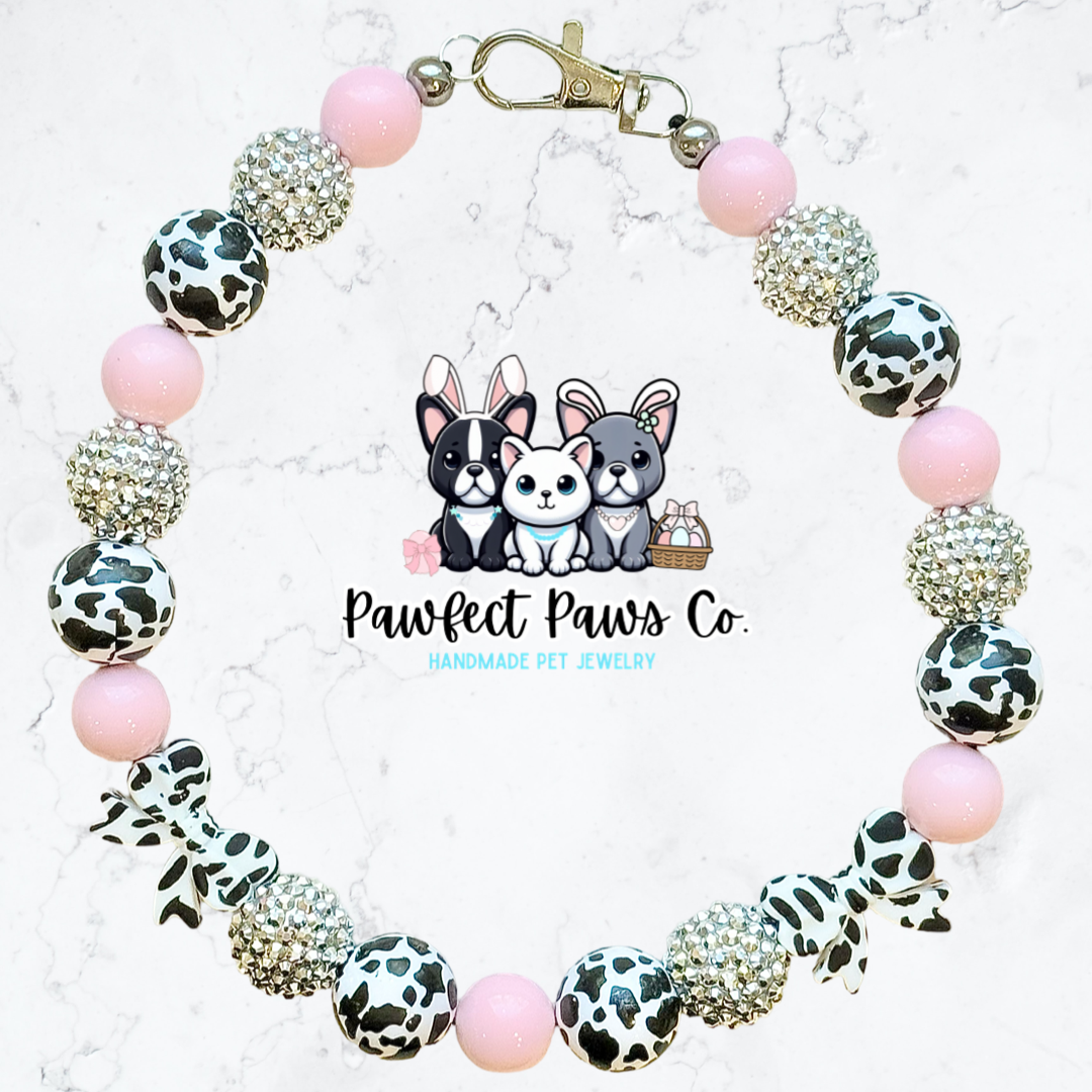 Strawberry Moo* Pink & Silver Sparkle Cow Printed Bow Custom Beaded Dog/Cat Necklace!