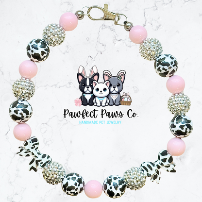 Strawberry Moo* Pink & Silver Sparkle Cow Printed Bow Custom Beaded Dog/Cat Necklace!