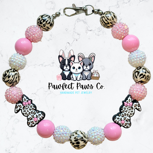 Jungle Bunny* Pink & White Sparkle Leopard Easter/Spring Custom Beaded Dog/Cat Necklace!