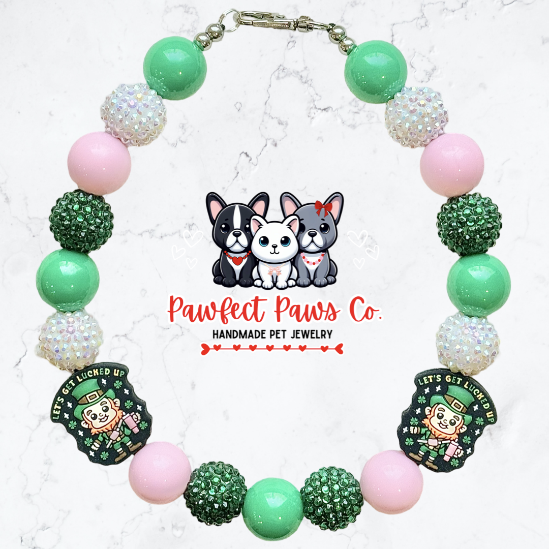 Lucked Up* Pink, Green & White Sparkle St. Patrick’s Day Custom Beaded Dog/Cat Necklace!