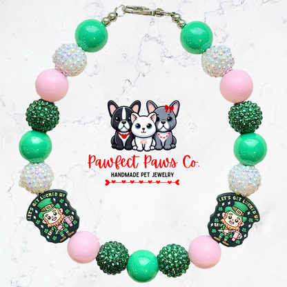 Lucked Up* Pink, Green & White Sparkle St. Patrick’s Day Custom Beaded Dog/Cat Necklace!