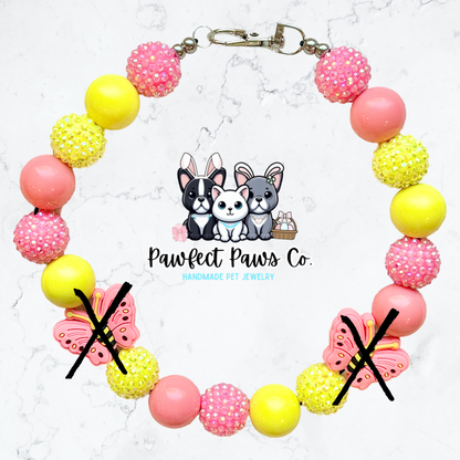 Flutter & Shine* Pink & Yellow Sparkle Butterfly Custom Beaded Dog/Cat Necklace!