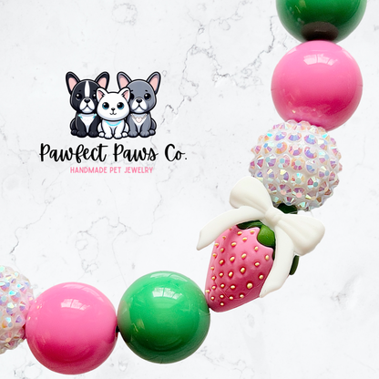 Berry Lovely* Pink, Green & White Sparkle Coquette Fruit Custom Beaded Dog/Cat Necklace!