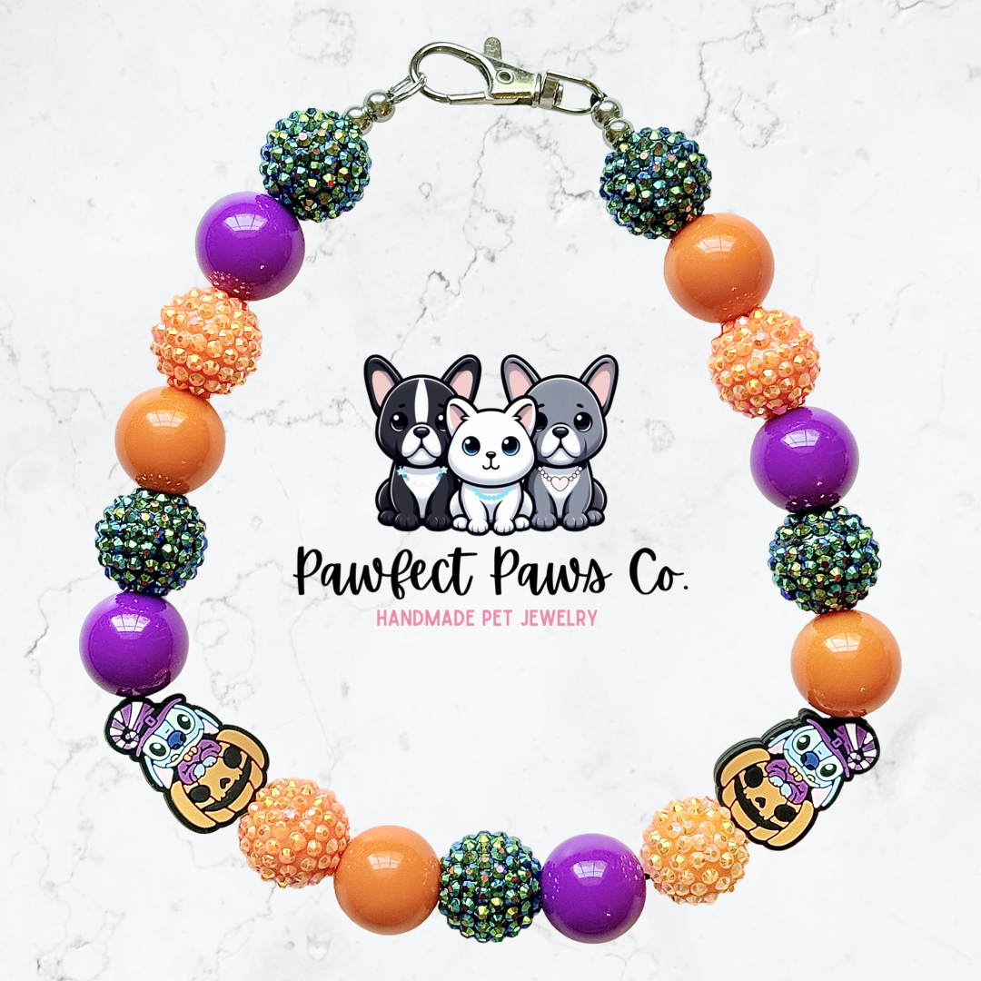 Stitchkin* Purple, Orange & Black Sparkle Glow in the Dark Stitch Pumpkin Custom Beaded Dog/Cat Necklace!