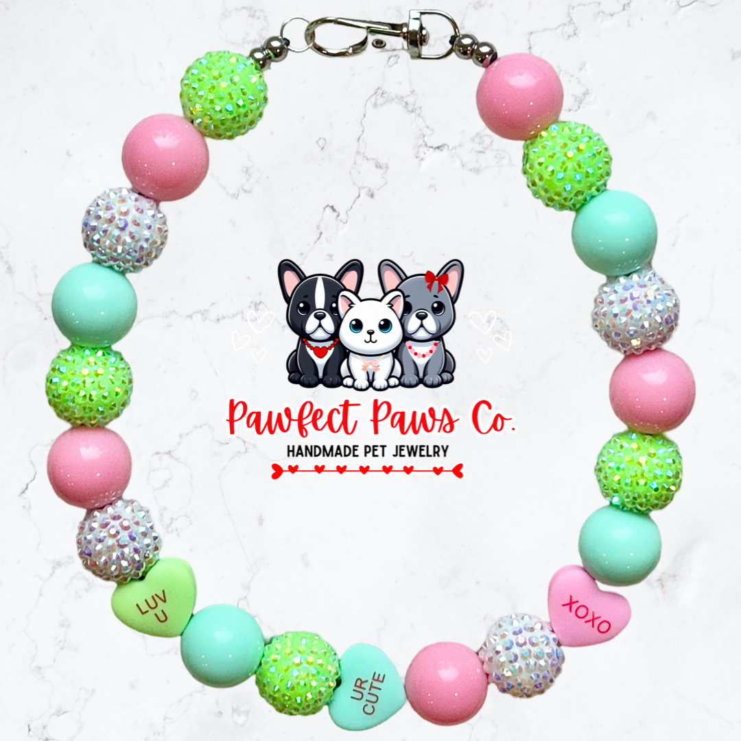 Sweetheart Sparkle* Pink, Blue, Green & White Sparkle Valentines Day Candy Hearts Custom Beaded Dog/Cat Necklace!