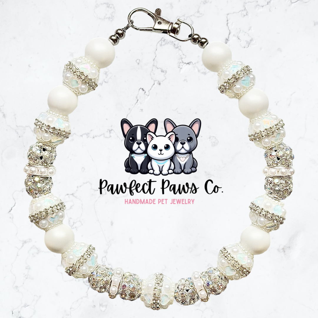 Finer Things* White & Silver Luxury Sparkle Custom Beaded Dog/Cat Collar Necklace!