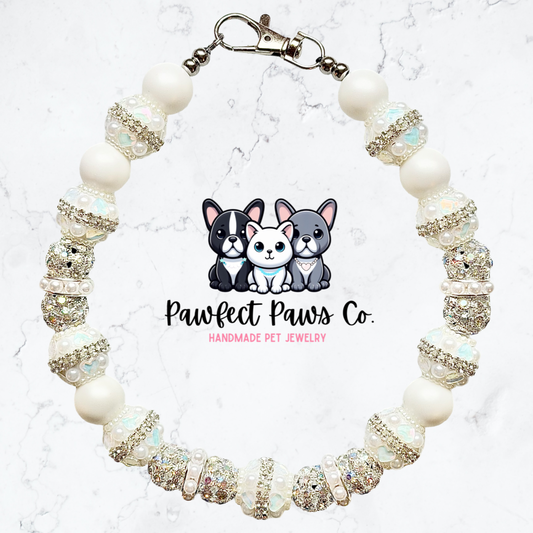 Finer Things* White & Silver Luxury Sparkle Custom Beaded Dog/Cat Collar Necklace!