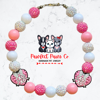 Bows & Xo’s * Pink & White Sparkle Valentines Day Heart Custom Beaded Dog/Cat Necklace!